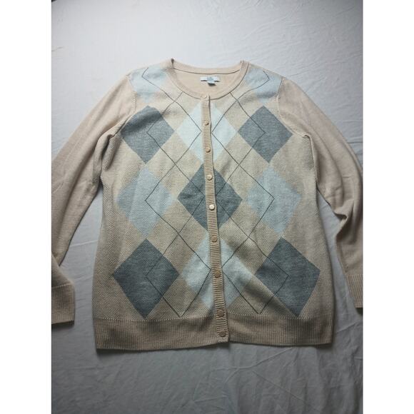 Women Cardigan Preppy Argyle Diamond Button Front Long sleeve Tan Neutral Medium - Picture 1 of 5